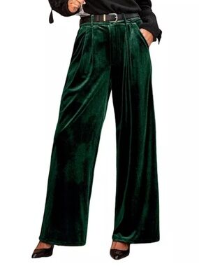 Cupshe Women's Forest Emerald Green Velvet Heat Wide Leg Pleated Pants NWT H